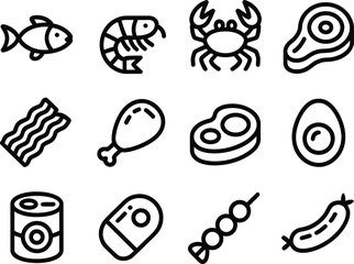 Collection of simple black and white food icons including fish shrimp crab steak chicken bacon egg can kebab sausage