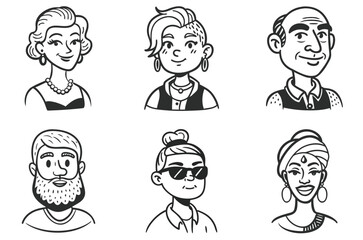 Fototapeta premium Diverse cartoon avatars of smiling senior woman, punk girl, bald man, bearded hipster, woman in sunglasses, and Indian woman in turban. Identity avatar concept, black and white vector sketch.