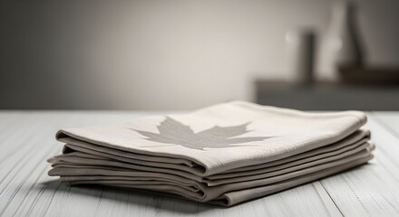 Stacked Napkins with Leaf Print on a Wooden Table