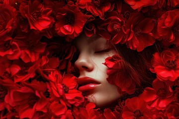 Fashion portrait of sensual model with red lipstick surrounded by red flowers with closed eyes