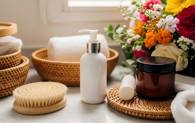 A variety of toiletries and colorful flowers are displayed in a spa-like setting