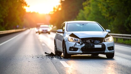 Damaged car on highway at sunset (1)