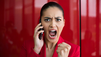 Woman Expressing Anger on the Phone in a Modern Office Setting With a Bold Red Backdrop