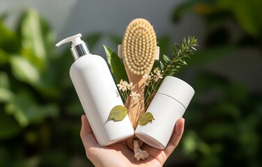 A hand holds white beauty products, a brush, and foliage against a blurry green background