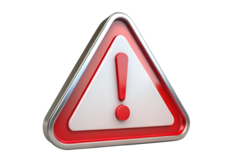 A red and white triangular warning sign with an exclamation mark, isolated on a transparent background