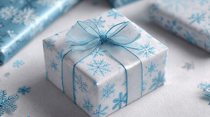 Wrapped gift with icy blue snowflake wrapping paper and frosty ribbon, cold weather party box, transparent background