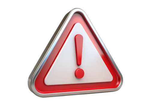 A red and white triangular warning sign with an exclamation mark, isolated on a transparent background