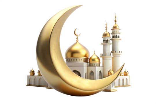 A golden crescent moon in front of an ornate islamic mosque with golden domes and minarets, isolated on white isolated on transparent background