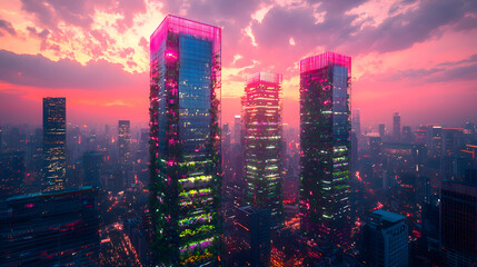 Fototapeta premium Vertical Farming Towers: Glass towers with AI-optimized hydroponic gardens under pink artificial sunlight Solves urban food scarcity