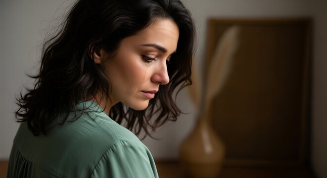 Emotional Female Portrait: Tearful Gaze, Captured from Behind and Above