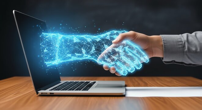 A digital handshake emerges from a laptop screen, symbolizing a futuristic business agreement - Powered by Adobe