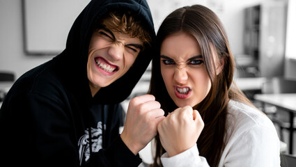 Teenagers Expressing Strong Emotions in a Classroom During a Playful Confrontation, With Fists Raised and Intense Expressions
