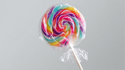 Wrapped lollipop with swirl pattern and transparent plastic wrapper, festive and fun, transparent background