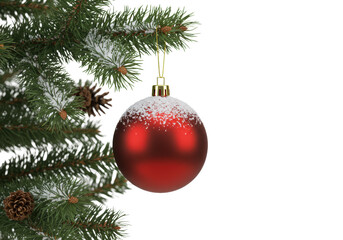 A matte red christmas bauble ornament partially covered with transparent artificial snow, suspended by a golden string from a snow-dusted green fir tree branch with pine needles and brown cones.