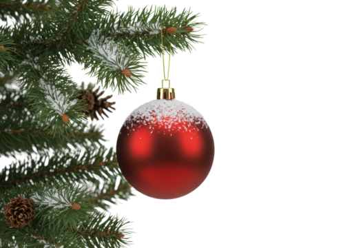 A matte red christmas bauble ornament partially covered with transparent artificial snow, suspended by a golden string from a snow-dusted green fir tree branch with pine needles and brown cones.