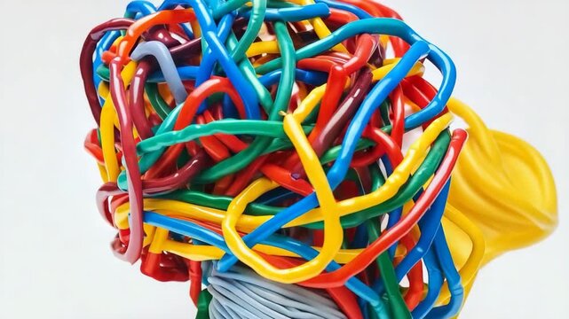 Brightly colored rubber bands form a complex brain sculpture showcasing creativity and art in a gallery setting