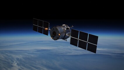 A Modern Satellite Orbiting Earth Providing Communication and Monitoring, High-Tech Spacecraft with Solar Panels in Earth Orbit for Communication and Scientific Research