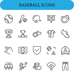 Baseball Vector Icon Set . They include a baseball, bat, helmet, play strategy board, glove, trophies, whistle, jersey, cleat, pointing hand, baseball on a screen,