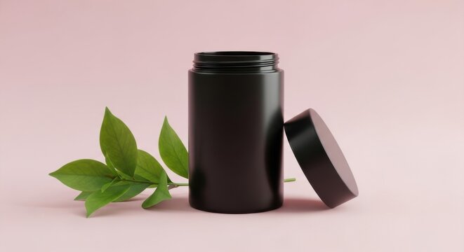 A black cosmetic jar with a green leaf on a pink background