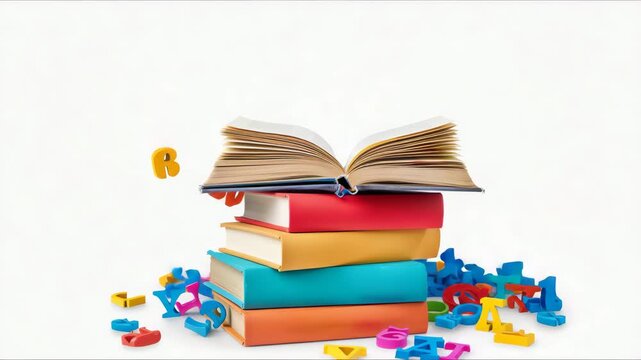 Colorful letters burst from an open book on a stack of vibrant books in a creative display of learning and imagination