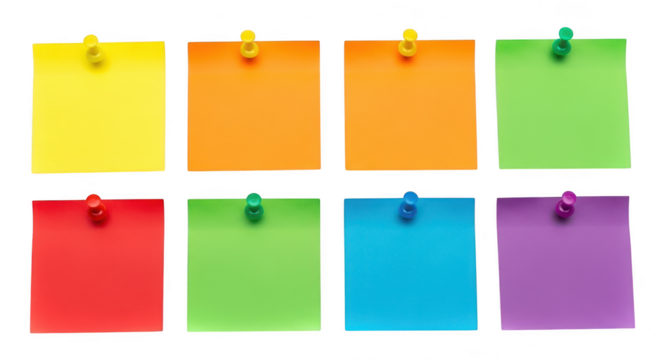 A collection of colorful sticky notes pinned to a transparent background