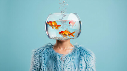 Creative Concept Featuring a Person With a Fishbowl for a Head, Showcasing Artistry and Surrealism in a Light Blue Background