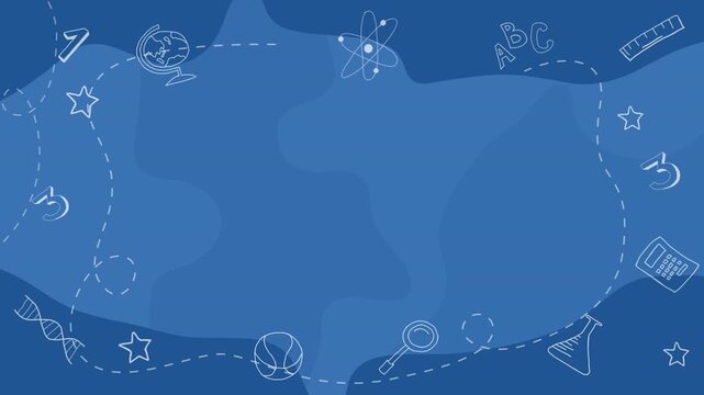 Back to school in chalk doodle style on blue blackboard. Template of a school poster with hand drawn accessories and copy space. Loop animation.