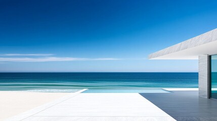 Fototapeta premium Minimalist Beach House with Infinity Pool, beach, architecture