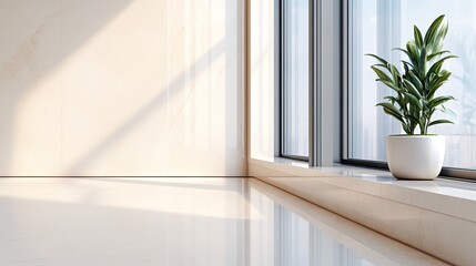 Fototapeta premium Minimalist Interior with Potted Plant and Sunlight on Tile, Interior Design, Home Decor