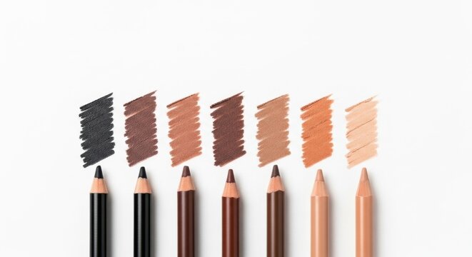 Various shades of eyeliner pencils with color swatches on white background