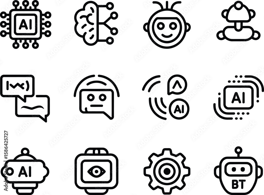 Fototapete Collection of simple black line art icons representing artificial intelligence and robots