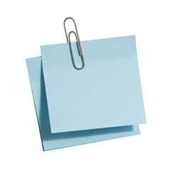A blue sticky note secured with a silver paperclip, isolated on a transparent background