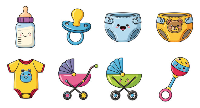 Collection of baby items including bottle, pacifier, diapers, clothing, strollers, and rattle toy