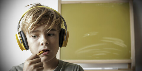 Young Boy Wearing Yellow Headphones Thinks Deeply While Chewing Pencil in a Classroom Setting