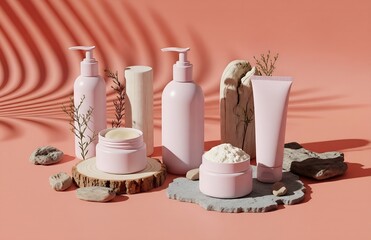 Pink beauty product containers displayed with natural elements, rocks, and leaf shadows