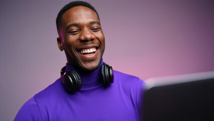 Man With Headphones Enjoys Virtual Interaction in a Vibrant Indoor Setting During Evening Hours