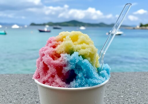 Colorful shave ice dessert with a tropical beach background