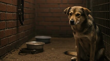 Stray dog sitting near shelter wall with empty bowl. Sad, emotional 3D scene for awareness of homeless animals. No people, realistic style.