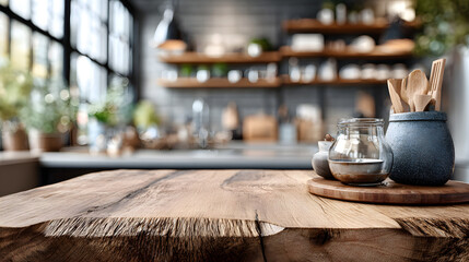 Kitchen wood table top for product display with blurred modern interior. Wooden tabletop over defocused kitchen background. kitchen furniture and desk space. product promotion in the kitchen