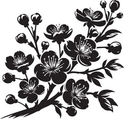 Cherry Blossom Branch Silhouette – Black and White Floral Vector with Detailed Flowers and Buds