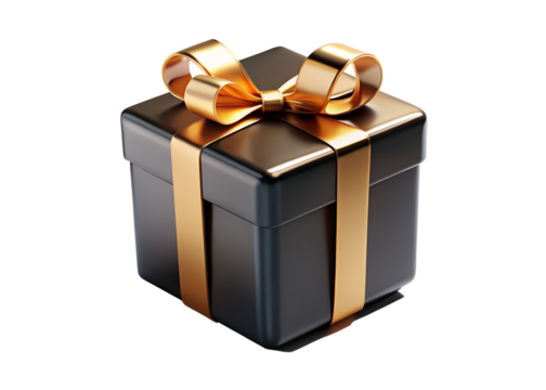 A sleek black gift box with a luxurious gold ribbon and bow, presented on a transparent background