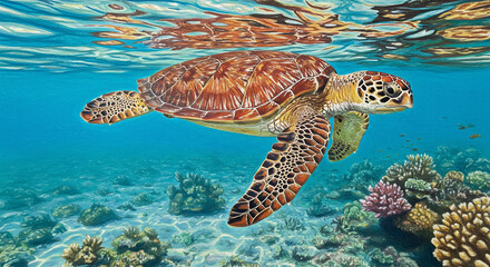 Fototapeta premium Colored pencil illustration of sea turtle swimming underwater with coral reef in background