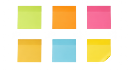 A collection of colorful square sticky notes in green, orange, pink, yellow, and blue are arranged on a transparent background