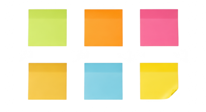 A collection of colorful square sticky notes in green, orange, pink, yellow, and blue are arranged on a transparent background - Powered by Adobe