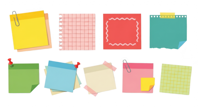 A collection of colorful sticky notes in various styles, colors, and arrangements are displayed on a transparent background