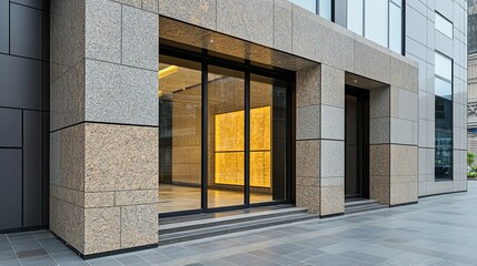 Fototapeta premium Modern Facade Stone Building Entrance with Glass Doors and Interior Lighting, architecture ,design