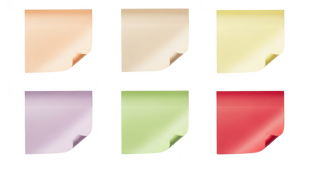 Six colorful sticky notes arranged in two rows, isolated on a transparent background