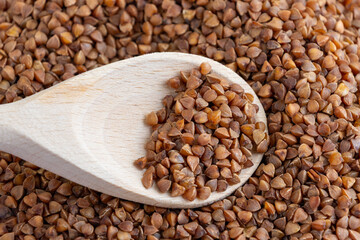 Wooden spoon with raw brown buckwheat groats on a pile of grains for natural healthy cooking