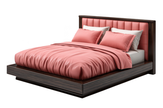 3D Luxurious modern bed with plush pink bedding and dark wood accents