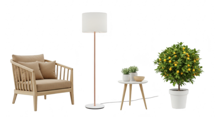 A modern armchair, floor lamp, side table with plants, and a citrus tree arranged against a transparent background